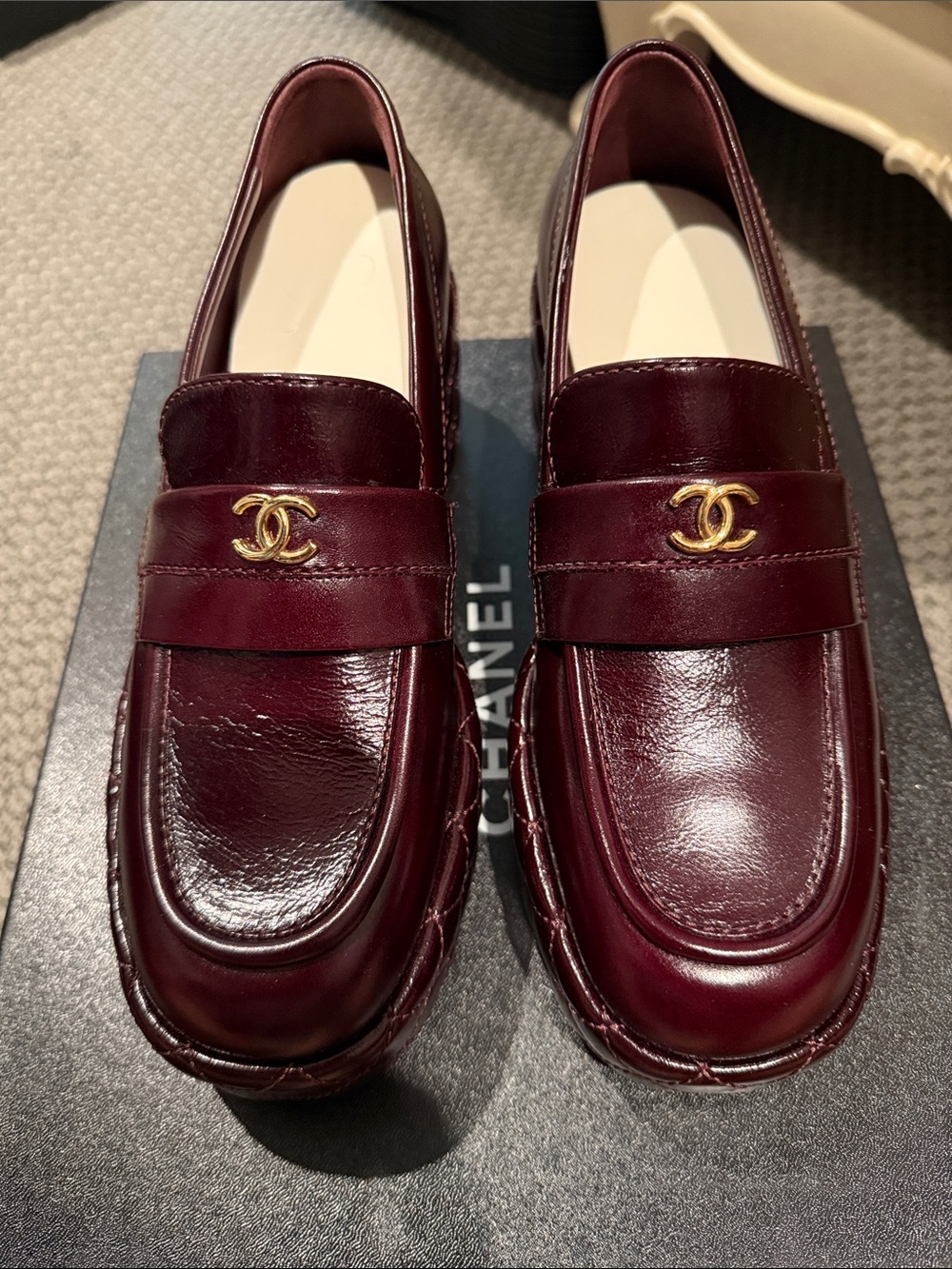CHANEL woman’s  Deep Wine Leather Loafers with Gold CC Hardware